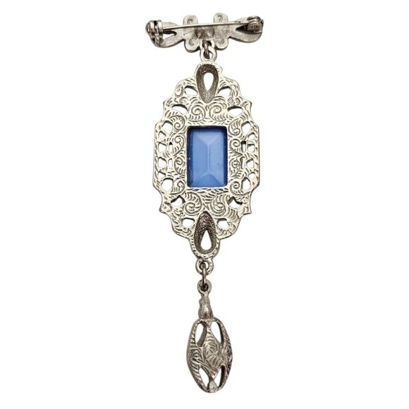 1928 Brand Silver Tone Blue Glass Art Deco Style Clear Rhinestone Dangle Brooch - Picture 5 of 8